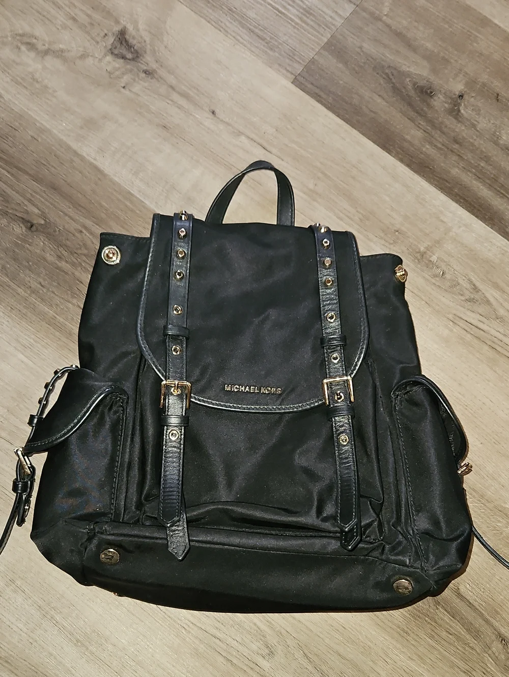 Michael Kors Classic Casual Black Nylon Leather Gold Studded Cargo Backpack‎ Bag